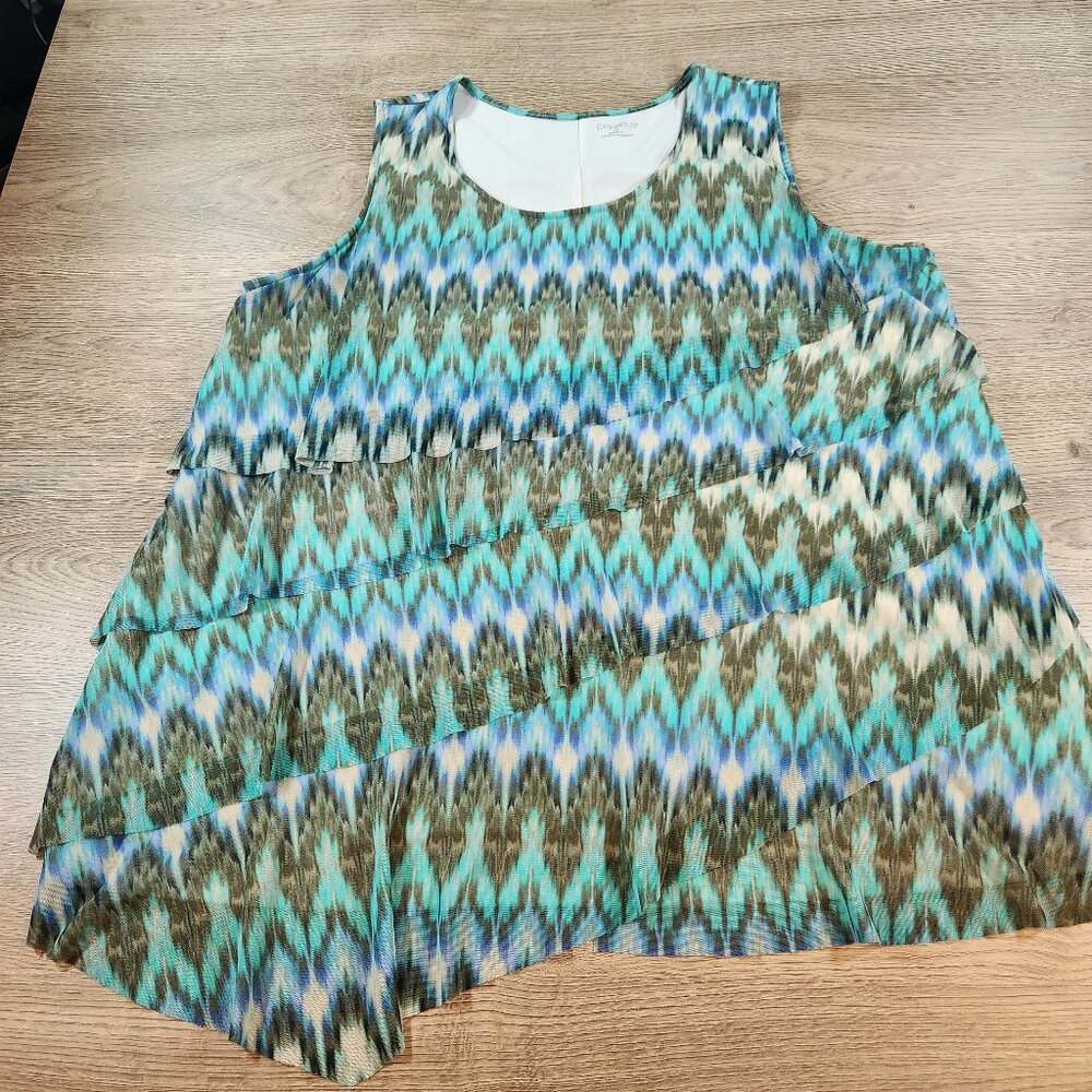 Catherines 3X Tank Top Womens Plus Blue Green Ikat Tiered Layered Mesh Shell EUC